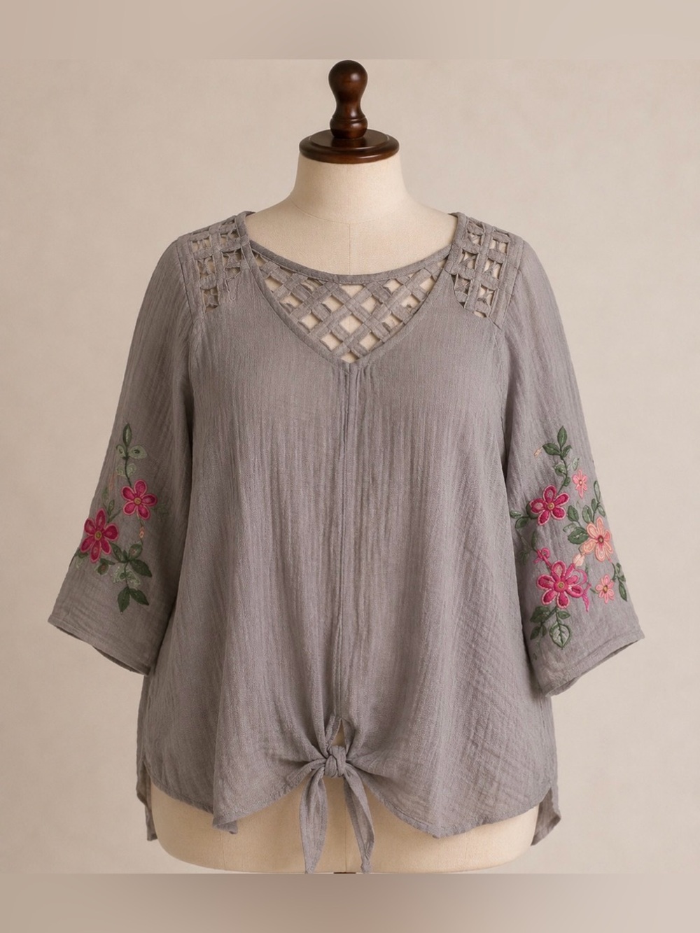 Fig & Flower - embroidered gauze top- grey with floral sleeves- 2X